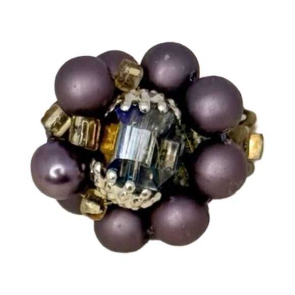 Vintage Japan Purple Rhinestone Flower Clip-On Earrings 1" Beaded Jewelry - Picture 10 of 11